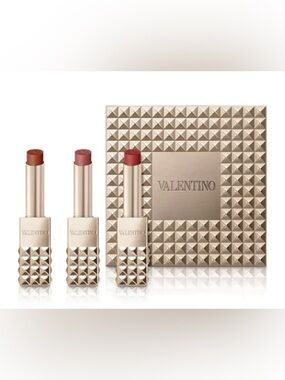 Spike Valentino clutch ~3 full size studded lipsticks w/ gold studded case